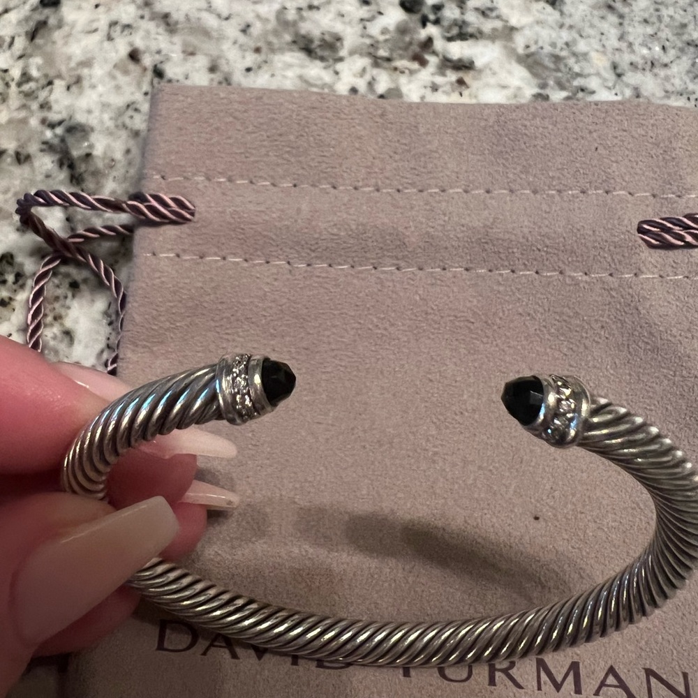 Authentic David Yurman cable 5mm cuff bracelet, Onyx tips, pave diamonds, Medium